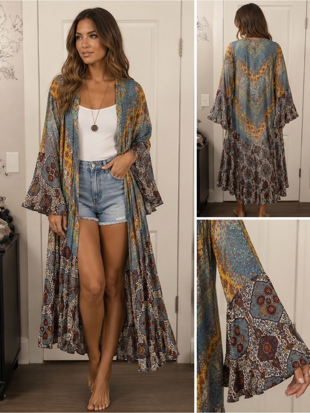 Umgee Blue Multi Boho Patchwork Kimono Duster